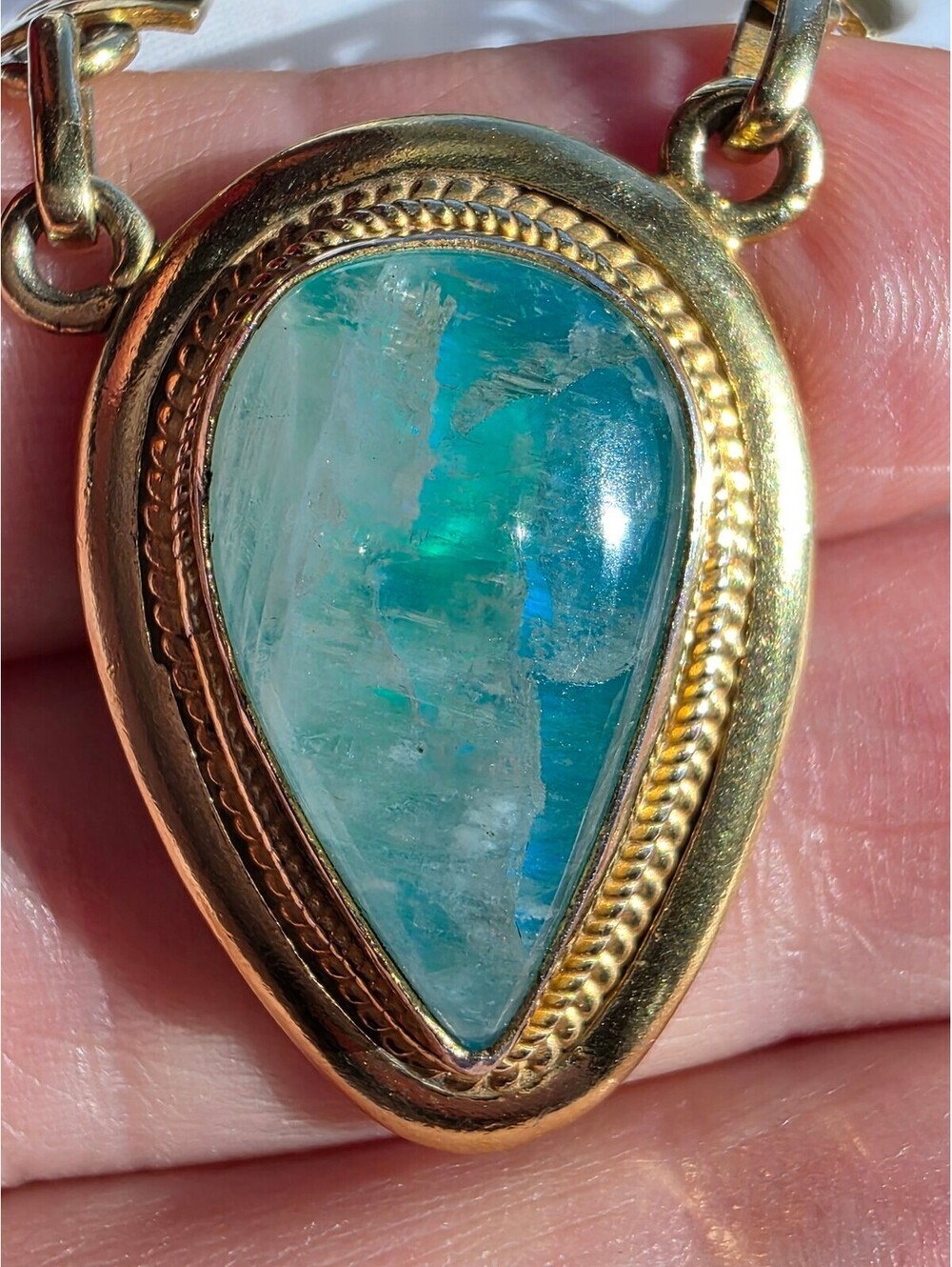 Peruvian Blue Opal Gold Vermeil 925 Necklace, Teardrop Gemstone Ornate Vintage